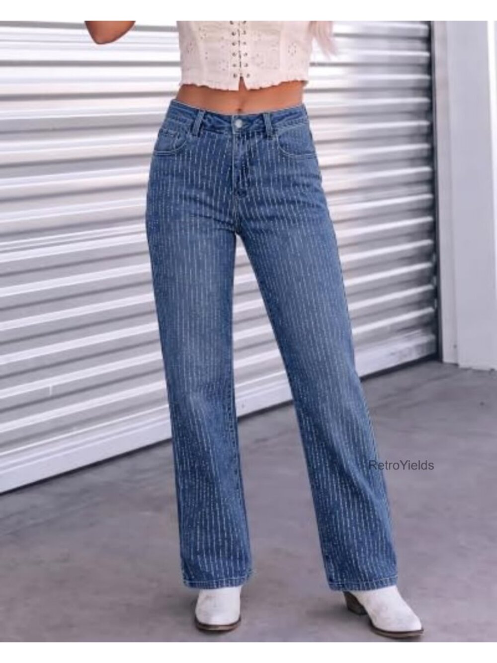 High Waisted Wide Leg Rhinestone Stretch Jeans - Picture 3 of 6